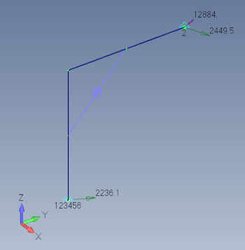 test case with 4 BARS and 1 CBUSHs
loading LC1: Fx and My applied on node 5
LC2: Fx and My applied on node 5 and a nodal force on node 1
boundary condition: clamped on node 1 and blocked on TY on node 5